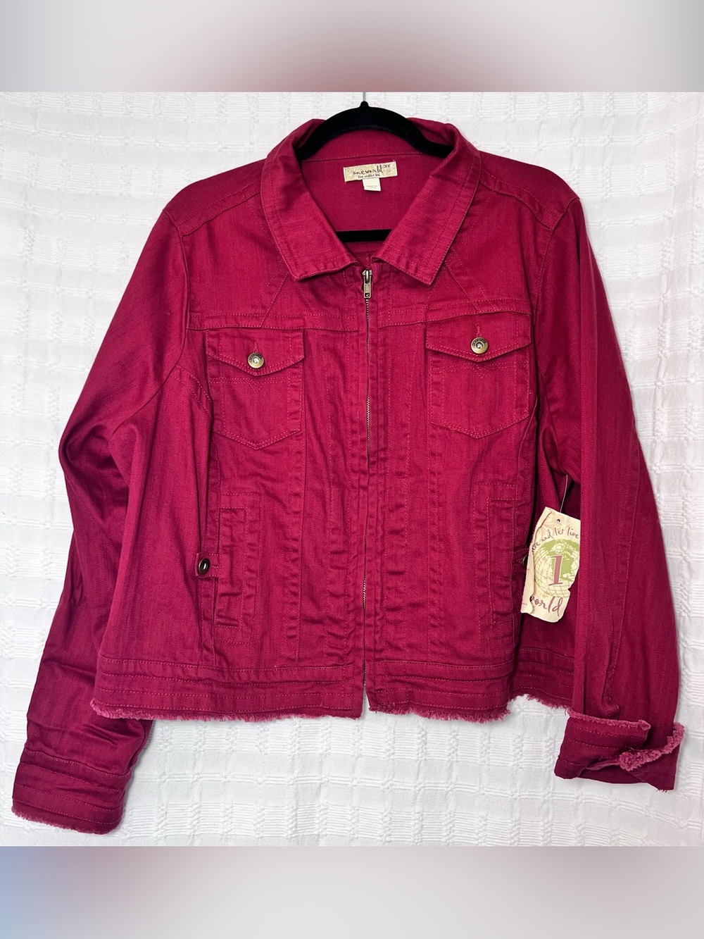 ONE WORLD Raspberry Zip-Front Jean Jacket